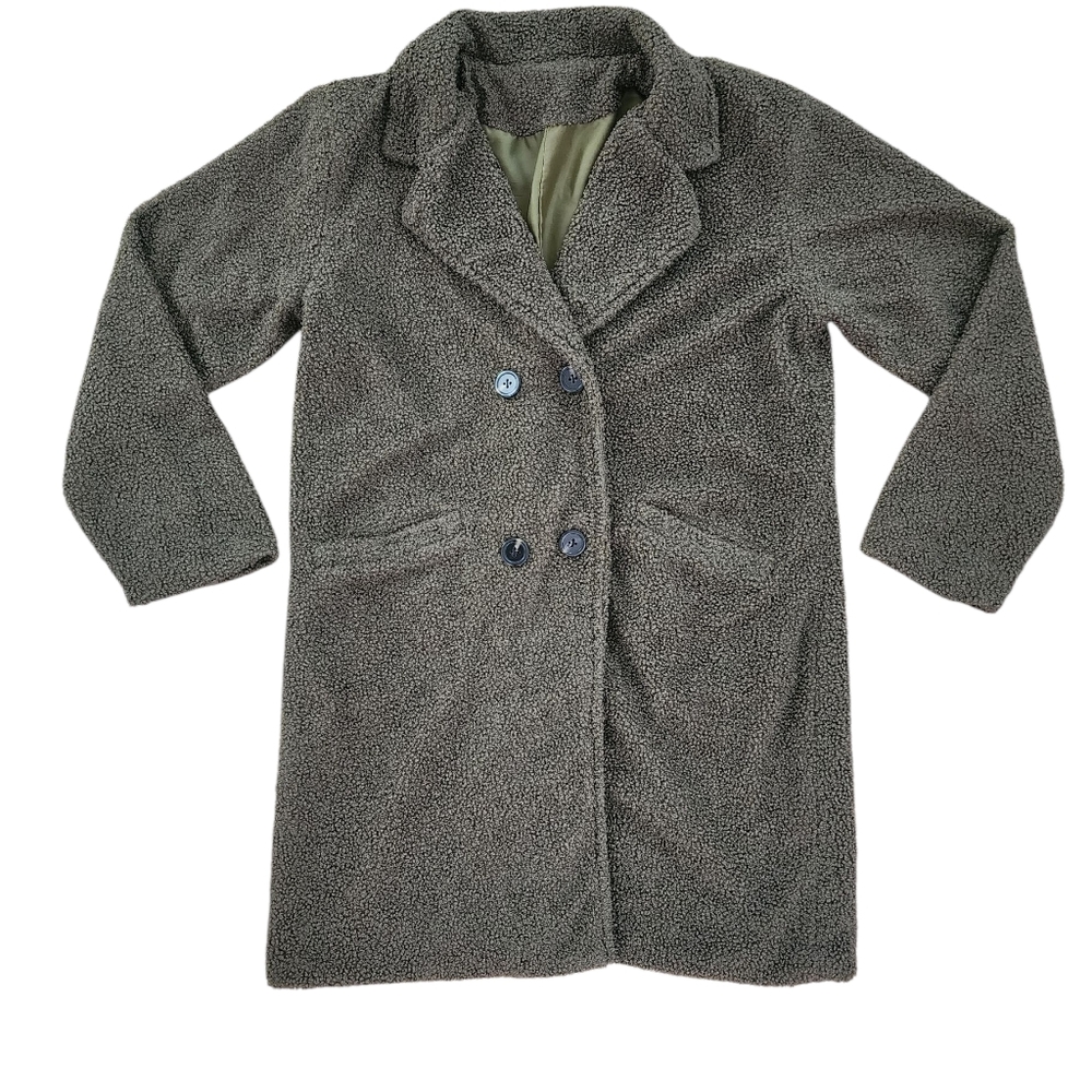Shein Olive Green Teddy Coat - Size Small - Pockets & Back Slit